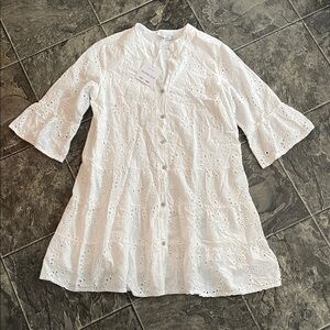 ⭐️NWT VALENTINA NALDI White Eyelet Button-Front Flutter Sleeve A-Line Dress